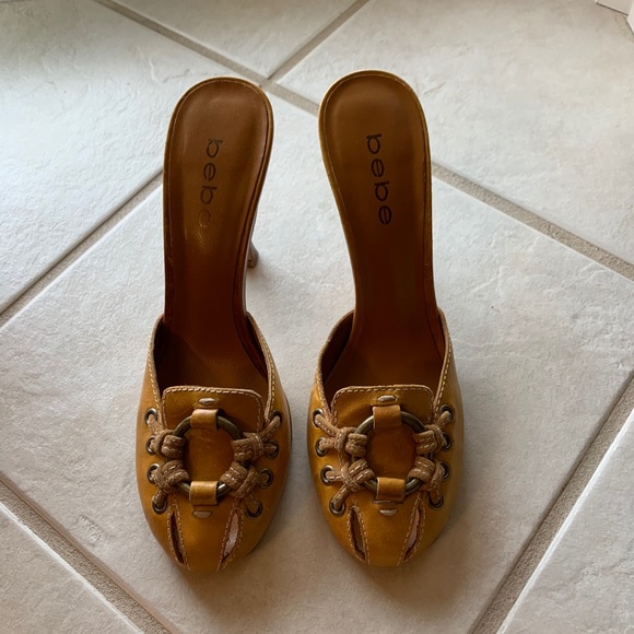 Bebe size 6.5 tan heels with metal ring and “lace.” - Picture 2 of 8
